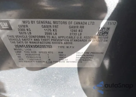 2013 Chevrolet Equinox 1Lt z USA, uszkodzony, nr VIN 2GNFLEEK9D6205703